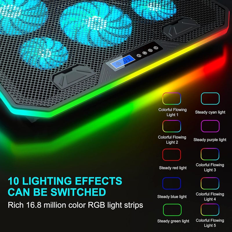 TopMate C12 Laptop Cooling Pad RGB Gaming Notebook Cooler for Desk and Lap Use, Laptop Fan Stand 8 Adjustable Heights with 6 Quiet Fans and Phone Holder, for 15.6-17.3 Inch Laptops-Ice Blue LED Light - Image 3